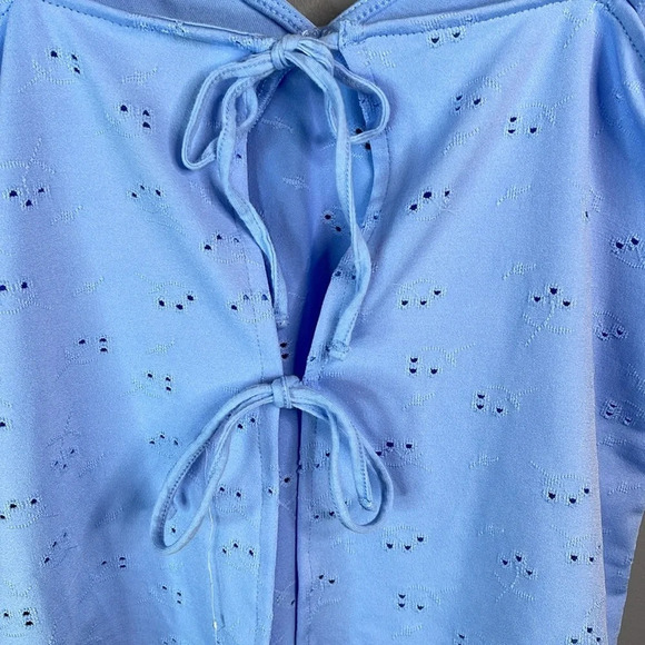 H&M Tie-Detail Jersey Top Baby Blue Eyelet Ruffled Strap V-neck Tie Back S - Picture 6 of 11